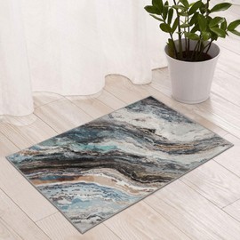 Mountain Up Modern Entry Rug, 2'x3' Abstract Colorful Door Mat, Non-Shedding Marble Accent Rug, Easy Care Aesthetic Carpet with Low Pile for Laundry, Kitchen, Bathroom, Hallway, Blue and Brown