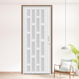 HARDJULAN 36X79in Frosted Acrylic Glass PVC Accordion Folding Door for Closet,Multifold Interior Door with Installation Hardware,Includes Handle and Latch,White Beech