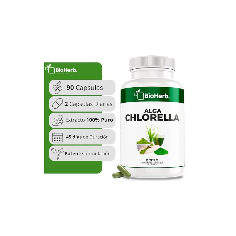 Bioherb Alga Chlorella Orgánica 100 Pura Cápsulas 500 Superfood Natural