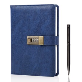WEMATE Diary with Lock, A5 PU Leather Journal with Lock 240 Pages, Vintage Locks Journal Password Notebook with Pen, Locks Diary Planner Organizer for Men and Women, 8.6x5.8in Blue