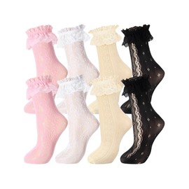 Geyoga 4 Pairs Women's Lace Ankle Socks Ruffle Frilly Socks Mesh Lace Loose Socks Slouch Socks Ankle High Socks for Women(White, Black, Pink, Light Yellow,5-9)