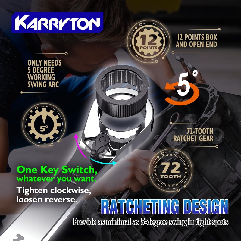 KARRYTON 16-piece Reversible Ratcheting Wrench Set Metric 8-25mm, 72 Teeth