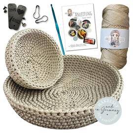 HÄKEL LIESE Crochet Set for Beginners - Bowl Decoration, Key Shell, with Crochet Wool, Crochet Set, Crochet Set Beginners, Bowl Set Crochet DIY Set Adults, Crochet Set, Learn to Crochet (Beige)