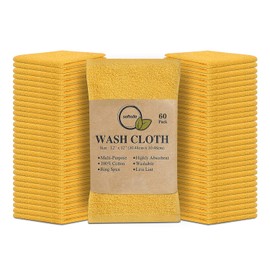 Softolle 100% Cotton Ring Spun Wash Cloths – Bulk Pack of Washcloths – 12x12 Inches – Wash Cloth for Face, Highly Absorbent, Soft and Face Towels (Yellow, 60 Pack)