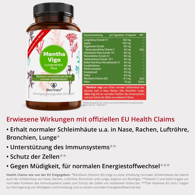 BonVigo® MenthaVigo Lungwort & Eucalyptus, 300 Capsules, 11 Plant Extracts,
