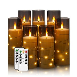 Flameless Candles,with Embedded Star String, Battery Operated Candles Flickering LED Pillar Candles with Remote Control and Timer, Home Decoration Add a Warm and Romantic Atmosphere，Set of 7 (Grey)