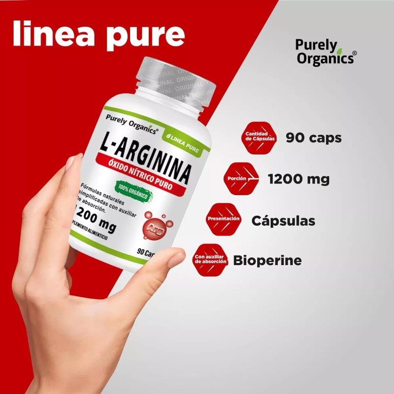 Purely Organics L Arginina Pure, Vegana, 90 Cápsulas. Purely Organics.