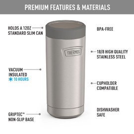 THERMOS ICON SERIES Slim Beverage Can Insulator - 12 Ounce, Matte Stainless Steel - Vacuum Insulated