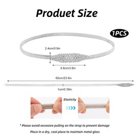 Sopoloray 1Pcs Women's Skinny Metal Waist Belt,Elastic Rhinestone Chain Belt for Dresses,Adjustable Shiny Silver Lozenge Waistband for Wedding,Party,Formal,Casual Outfits