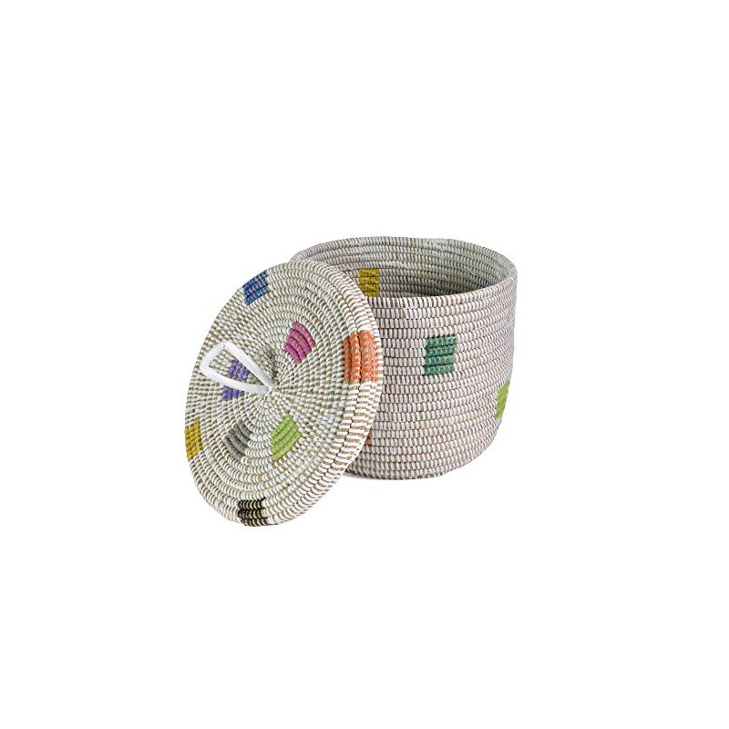 African Fair Trade Handwoven Lidded Shelf/Table Basket from Senegal, White