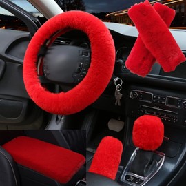 SPANICE 6pcs in 1 Set Fluffy Faux Wool Steering Wheel Cover & Soft Handbrake Cover & Gear Shift Cover & 2pcs Seat Belt Shoulder Pads & Center Console Cover Warm Universal Fit (Red01)