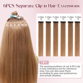 S-noilite 6Pcs Clip in Human Hair Extensions,Remy Single Clip in Hair Extensions 6Pcs 6clips Straight Blonde Brown Seamless Hairpieces for Women 18Inch 44g