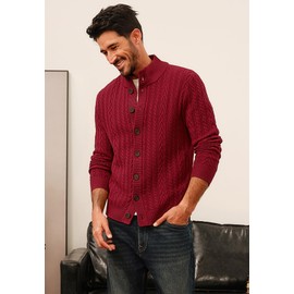 PJ PAUL JONES Men's Knitted Cardigans Button Down Stand Collar Sweater Vintage Regular Fit Cardigan Wine Red