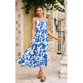 ECOWISH Women Sleeveless Maxi Dress: Summer Fashion Flower Print Cami Long Dress Pleated Tiered Flowy Swing Sundress Blue L