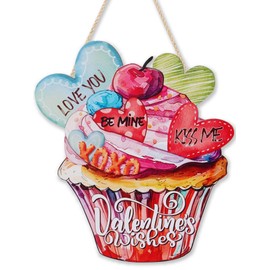 Celestdeco Valentine's Day Hanging Sign,Love Door Plaque for Front Door,Valentines Welcome Sign,Pink Heart Wooden Plaque for Wedding Party,Sweet Cupcake Decoration for Girls Wife Anniversaries Gift