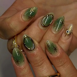 MERVF Almond Press on Nails Medium Fake Nails Green Gradient Glue on Nails Gold Sun Star Press ons Stiletto Acrylic Nails with Aura Design 30pcs Glossy