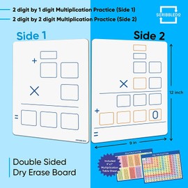 2 Pack Dry Erase Long Multiplication Board 9"x12" Double Sided Practice Whiteboard with 2x1 & 2x2 Digit Multiplication for Home, School, Classroom, Kids, Students Math Manipulatives Lapboard