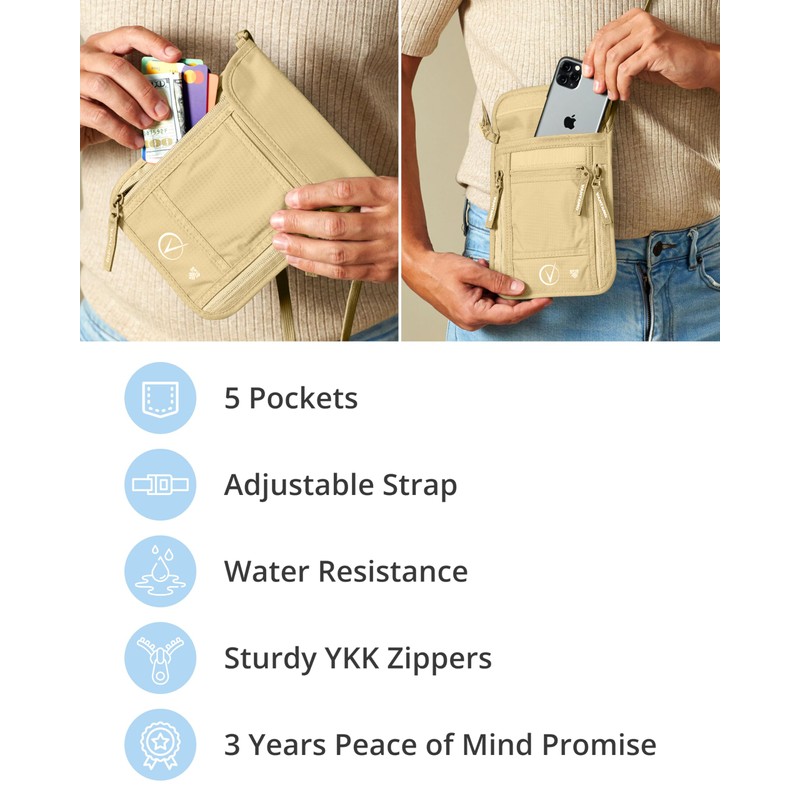Vantamo Premium RFID Protected Travel Neck Wallet, Khaki, Fits Passport
