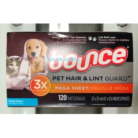BOUNCE Pet Hair & Lint Guard MEGA Dryer Sheets - 3X Pet Hair Fighter ~ 120 Count