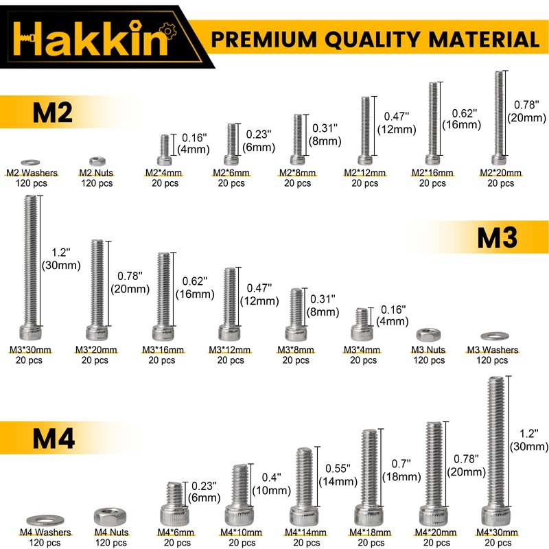 Hakkin Nuts and Bolts 1080Pcs M2 M3 M4 Hex Socket