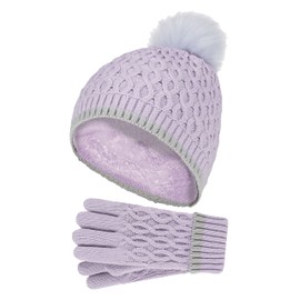 HEAT HOLDERS - Girls Thermal Insulated Pom Pom Bobble Beanie Hat and Gloves | Colourful Pastel Styles (7-10 Years, Lavender Frost)