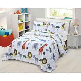 Elegant Home Kids Multicolor Lions Elephants Giraffes Zebras Trees Zoo Animal Kingdom Safari Themed Coverlet Bedspread Bedding Set Perfect for Kids Boys Teens # Jungle (Full/Queen)