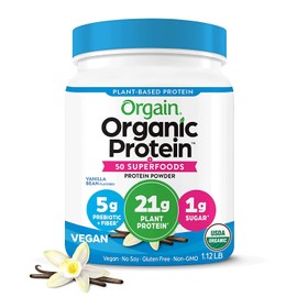 Orgain Organic Vegan Protein + 50 Superfoods Powder, Vanilla Bean - 21g Plant Based Protein, 8g Prebiotic Fiber, No Lactose Ingredients, Gluten Free, No Added Sugar, 1.12 lb (Packaging May Vary)