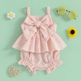 XIXIMAON Newborn Baby Girl Lovely Outfits Sleeveless Daisy Plaid Print Big Bow Ruffle Cami Top Elastic Shorts Set 2pcs Infant Girl Summer Holiday Clothes (Pink, 6-9 Months)