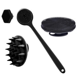 cepillo de silicona para cuerpo - 1 cepillo de limpieza de espalda de mango largo, cepillo de baño corto, cepillo para lavar el pelo y cepillo para lavar la cara, herramientas de limpieza (black)