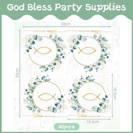 Scinzene Pack of 40 Communion Napkins and 60 Wooden Fish Confirmation Decoration, 3-Ply, Schön DASS Du Da Bist Design, Green Eucalyptus, 33 x 33 cm, Table Decoration for Christening, Communion