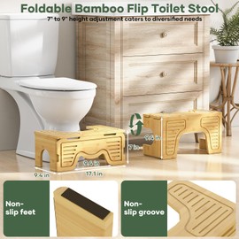 Foldable Toilet Stool Squat for Adults and Kids, 7" & 9" Adjustable Heights Bamboo Flip Poop Stool with Anti-Slip Layer for Bathroom - Improve Squatting Posture[No Installation Required]