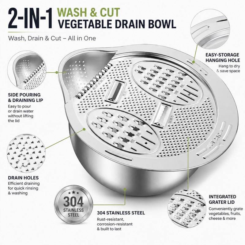 2-in-1 Stainless Steel Rice Washing Bowl with Grater – Side-Drain