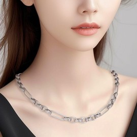 Jean Beau Silver Link Chain Layered Necklaces for Women, Statement Stainless Steel Simple Paper Clip Circle Oval Link Choker Necklace Summer Prom Jewelry Gift