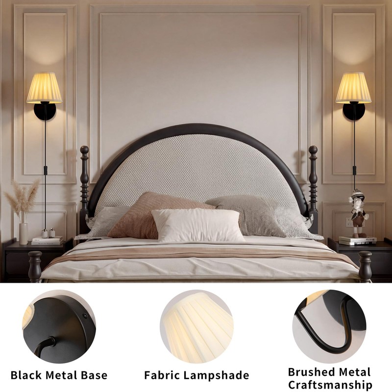 Plug in Wall Sconces with White Fabric Shades, Black Wall