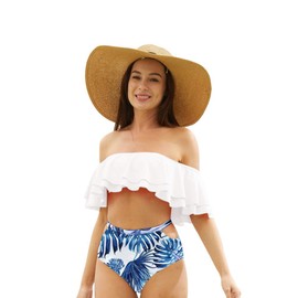 IFFEI Family Matching Swimsuits Off Shoulder Two Piece Womens Bikini Sets Mens Swim Trunks Mommy and Me Bathing Suit White-Blue Girls: 8-9 Years