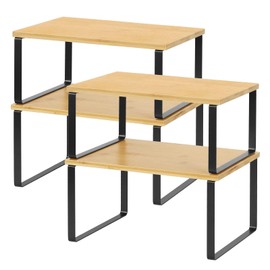 NEX Kitchen Cabinet and Counter Shelf Organizer, Stackable & Expandable, Set of 4, Black and Natural