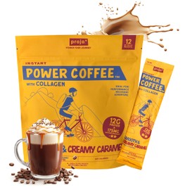 Projo* Power Coffee – Instant Coffee with 12g Hydrolyzed Marine Collagen & 175mg Caffeine – High Protein Energy Boost Coffee for Men & Women – Smooth Caramel Flavor – 12 Single-Serve Packets