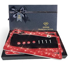SHERING Bling License Plate Frame, 2 Pack License Plate Frame with Premium Gift Box for Women,Rhinestone License Plate Frames with 1100pcs Rhinestones (Red Rhinestones)