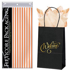 Flexicore Packaging Black Kraft Paper Welcome Bags & Orange Gift Wrap Tissue Paper | Size: 5.25 Inch X 3.25 Inch X 8.25 Inch | Count: 50 Bags | Color: Orange Pin Stripe