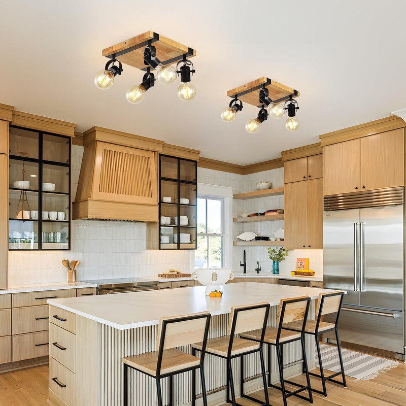 SEEBLEN Farmhouse Wooden Flush Mount Ceiling Lamp,4-Light Directional Ceiling Spotlight