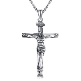 HUKKUN Crucifix Necklace for Men Sterling Silver Catholic Jesus Cross Necklace Christain Religious Jewelry Gift for Men