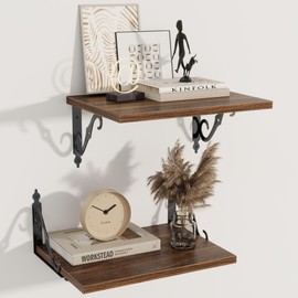 Deep Floating Shelves, 16" W x 12" D Wall Shelves Set of 2, Wide Display Shelf Wall Mounted with Brackets, Wall Bookshelf for Living Room, Bathroom, Bedroom, Walnut