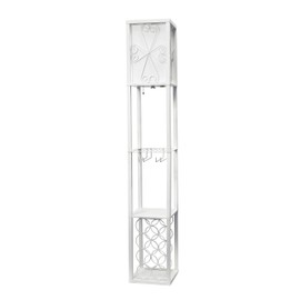 Simple Designs LF1015-WHT Etagere Organizer Storage Shelf and Wine Rack with Linen Shade Floor Lamp, White