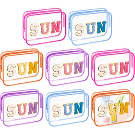 Kacctyen 8 Pcs Clear Sun Makeup Bags Bulk Waterproof Toiletry Cosmetic Zippered Organizer Summer Sunscreen Pouch with Preppy Chenille Letter Patch for Women Girls Beach Pool Vacation Gift