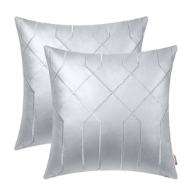 BRAWARM Leather Pillow Covers 16 X 16 Inches, Silver Faux Leather Pillow Covers Pack of 2, Geometric Embroidery Leather Decorative Throw Pillows for Living Room Couch Bed Sofa Home