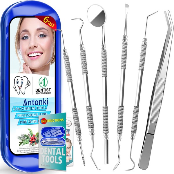 Antonki Dental Tools for Home Use, Dental Hygiene Kit, Dental Pick Teeth Cleaning Tools Set, Plaque Remover for Teeth, Stainless Steel Professional Tartar Scraper - with Case