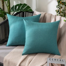 MIULEE Pack of 2 Decorative Outdoor Solid Waterproof Throw Pillow Covers Euro Sham Faux Linen Garden Farmhouse Coastal Cushion Cases for Summer Patio Tent Balcony Couch Sofa 26x26 Inch Turquoise