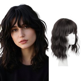 FDEETY Perücke Damen 12 Zoll Kurzhaar Wellen und Locken Clip In Haarteil Pony Haarteil Aus Synthetischem Kunsthaar Ideal für Alltag und Karneval Kurzhaarschnitt Perrücke Frauen （Schwarzbraun）