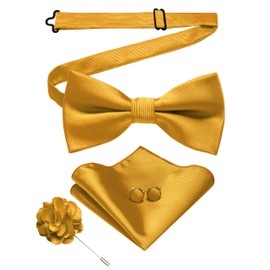 JEMYGINS Men's Twill Bow Tie in Plain with Pocket Square Cufflinks and Flower Arrangement Gift Set for Parties Business and Weddings, yellow