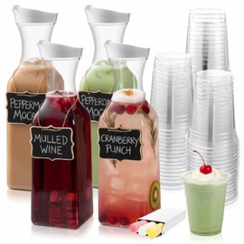 Chengu 61 Pcs Mimosa Bar Supplies 4 Pack 50 oz Plastic Water Carafe with Lid and Cups Label, Clear Pitcher with Lid Tags Drink Container for Christmas Winter Party Cold Water Juice Iced Tea Lemonade
